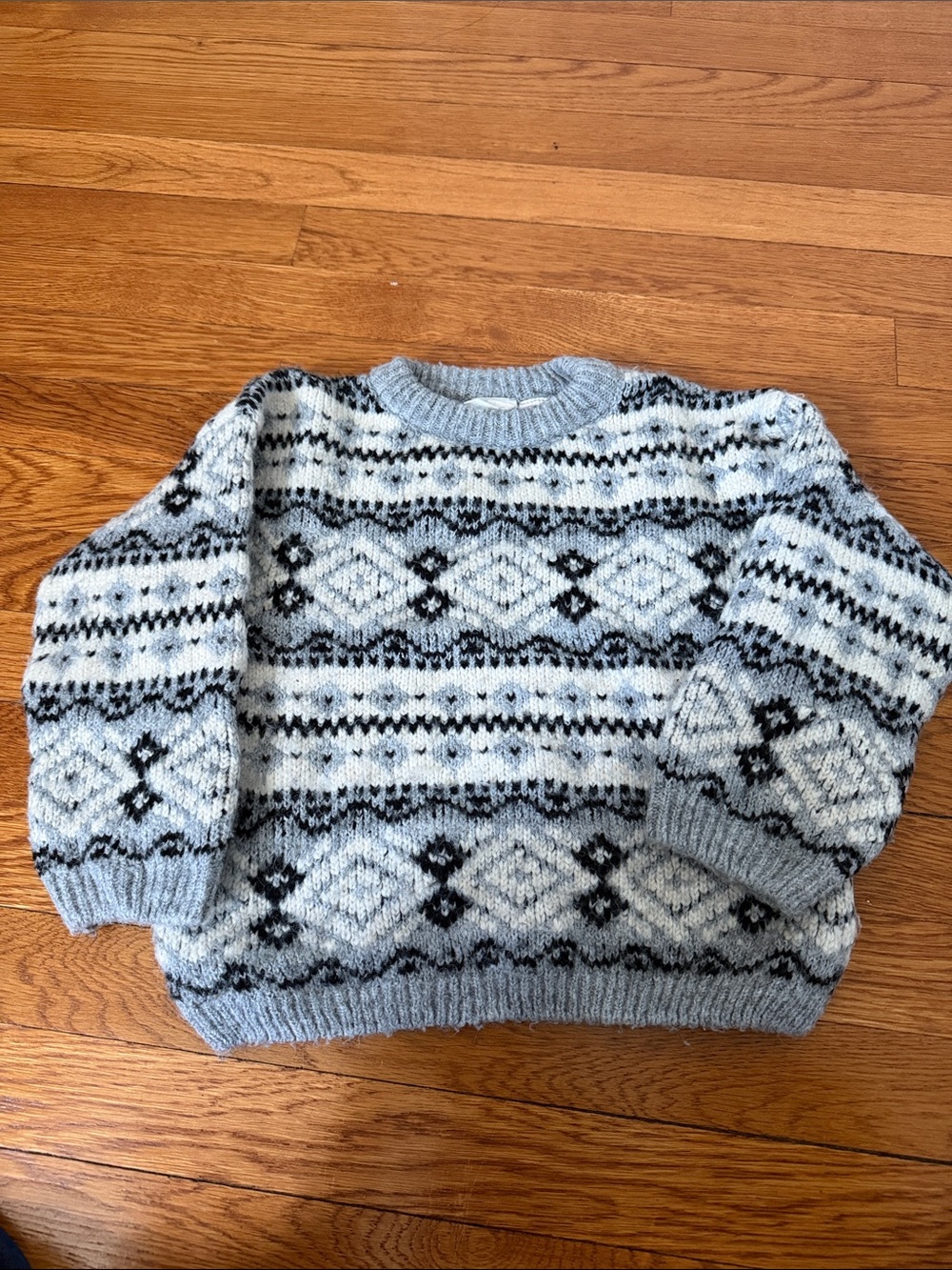 Kids Soft Fair Isle Crewneck Sweater in Light Gray and Black